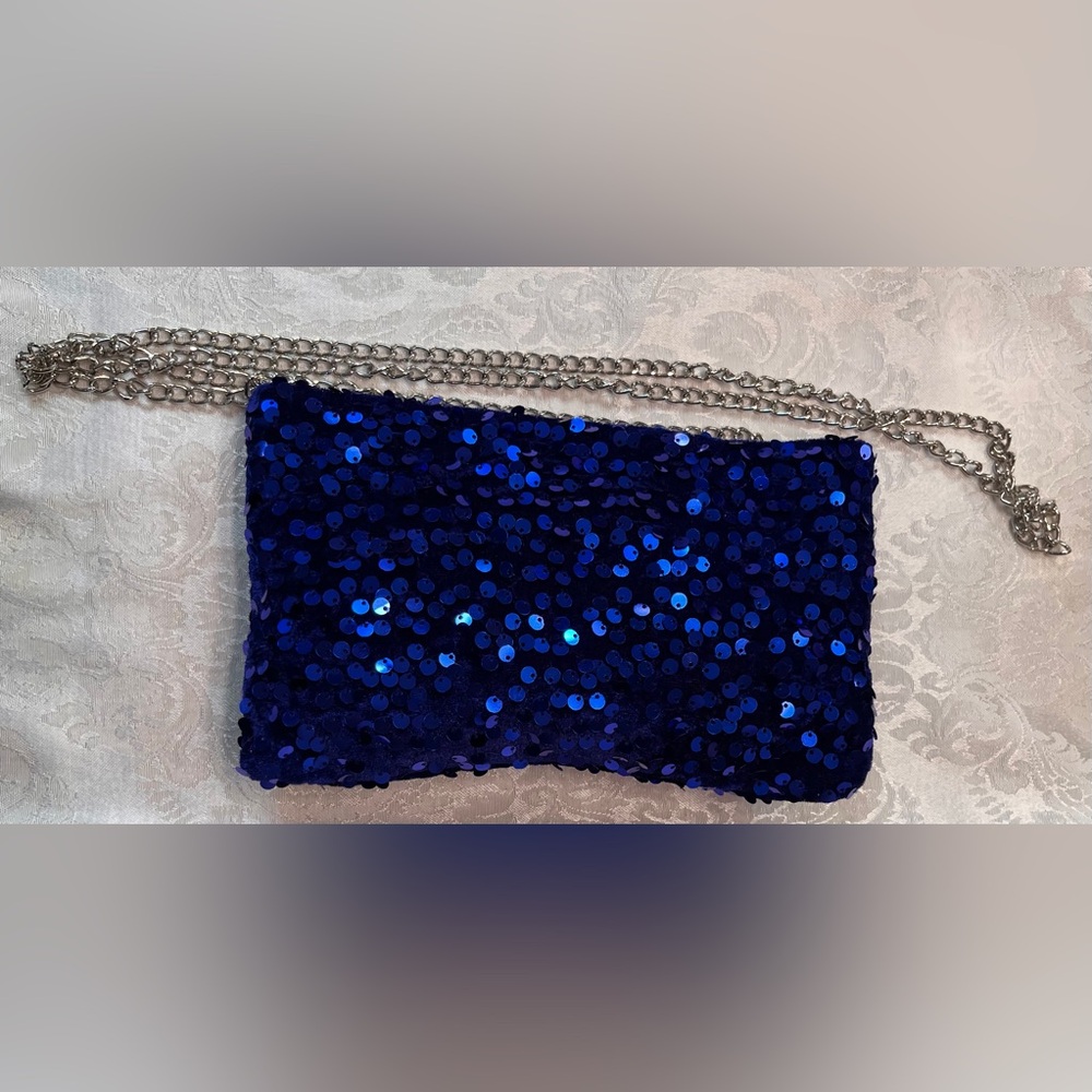 Blue Velvet Sequin Clutch Bag with Silver Crossbody Strap Convertible NWOT